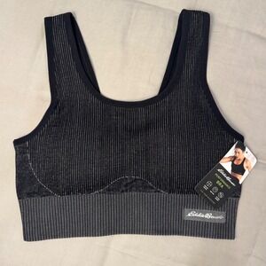 Eddie Bauer Performance Sports Bra Black Striped Seamless Stretch Womens Size L